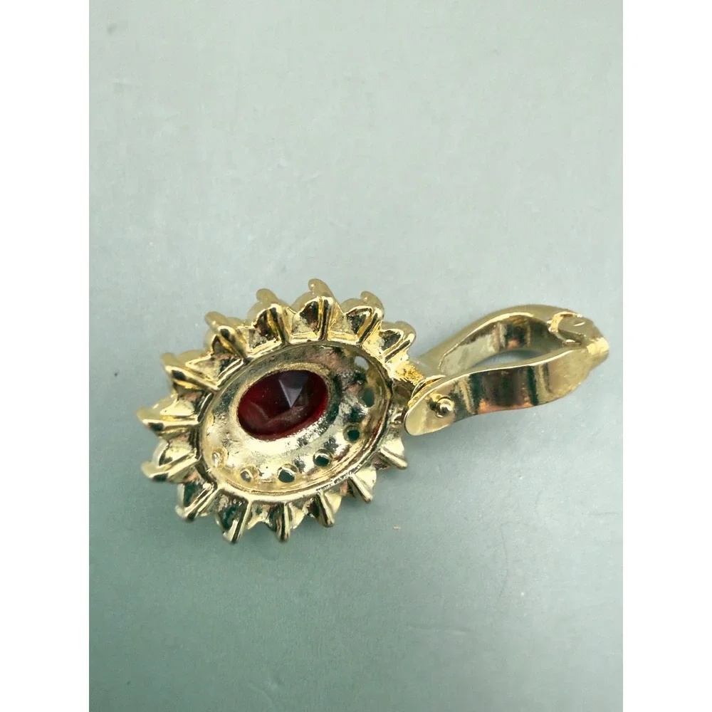 Gold Tone Red Oval Stone Enhancer Pendant Clear Rhinestone Halo Sunburst 1 Inch